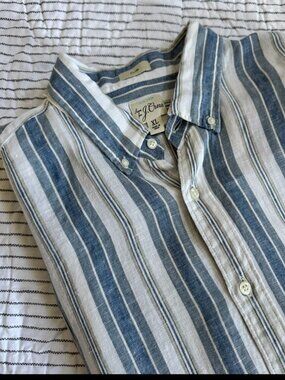 J.Crew Slim Irish Linen Shirt XL Blue White Tan Stripe Baird McNutt
